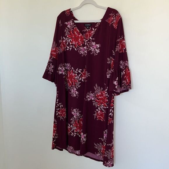 Women’s Plus size 2X gorgeous flutter sleeve maroon & pink floral dress NEW - Picture 14 of 15